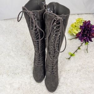 Lace Front Over the Calf Boots Faux Suede Brown